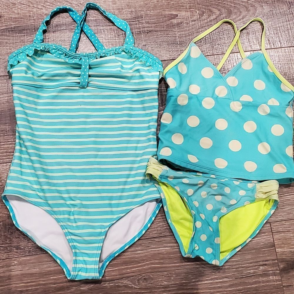 Girl Swim Suit Size 10-12 Aqua Striped and Polka Dot Swimsuit Set 2 Pieces